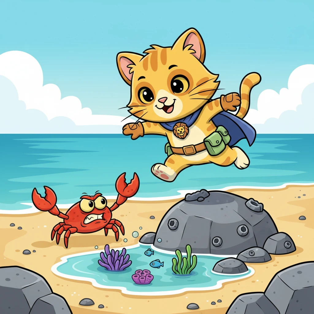As he ventures further, Simba encounters a grumpy, bright red crab guarding a particularly interesting tide pool. The crab scuttles sideways, snapping its claws, trying to block Simba's path. Simba, with a playful flick of his tail, cleverly outsmarts the crab by jumping over a nearby rock.