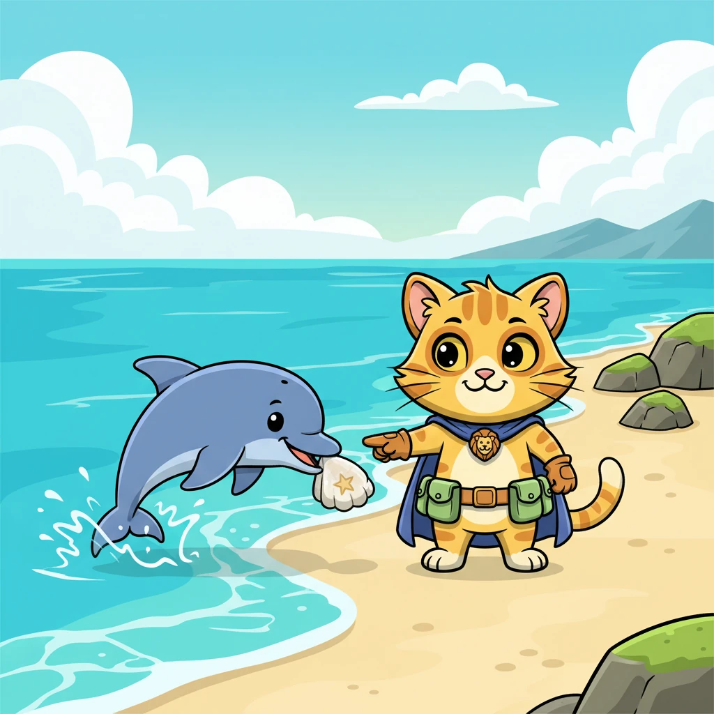 Feeling a little lost, Simba spots a friendly, smiling dolphin leaping playfully out of the turquoise water. The dolphin, named Delia, nudges a shiny seashell towards him, which has a tiny, faded drawing of a star. Delia seems to point with her nose towards a cluster of rocks.