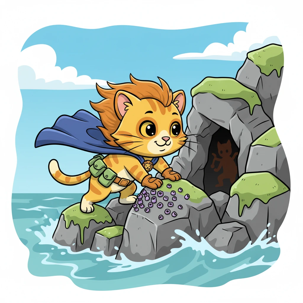 Following Delia's hint, Simba climbs over slippery, barnacle-covered rocks, his fur ruffled by a sudden gust of wind. He carefully navigates past a narrow, dark cave entrance, wondering if the pearl could be hidden inside. A mysterious shadow seems to flicker within the cave.