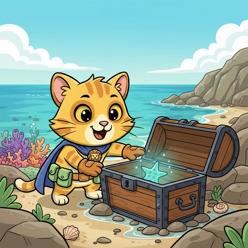 Deeper into the rocky shore, Simba discovers an ancient, half-buried treasure chest, its wooden planks worn smooth by the sea. It's empty, but inside, a tiny, glowing starfish points its arms towards a specific coral reef in the distance. This must be the final clue!