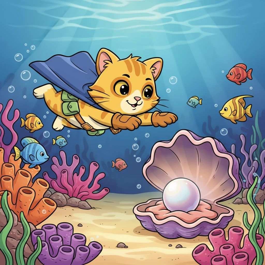 Simba dives into the shallow, clear water, bravely paddling towards the vibrant coral reef. Among the colorful fish and swaying anemones, he spots it: a magnificent, iridescent pearl nestled gently within a giant clam shell. It glows with a soft, magical light.