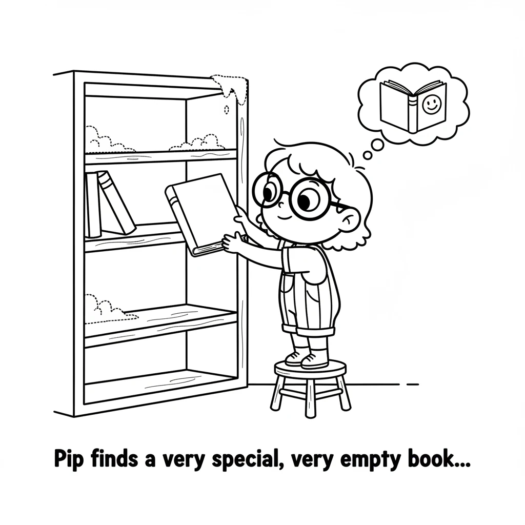 Pip, a little child with bright, curious eyes, discovers a plain, white book on a dusty shelf. It looks very special and very empty, waiting to be fil