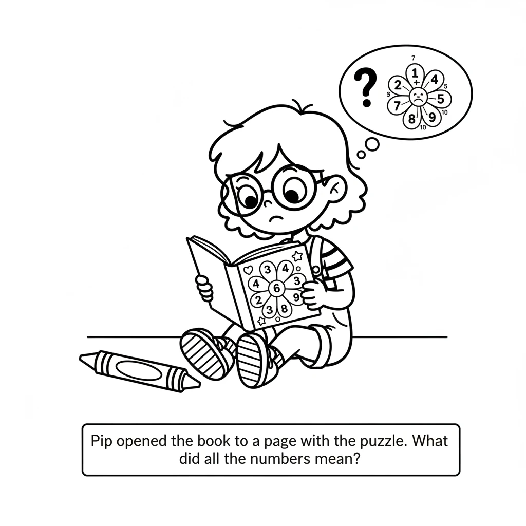 Pip opens the book to a page with a big, outlined shape, like a flower, divided into numbered sections. Pip looks puzzled, wondering what to do with t