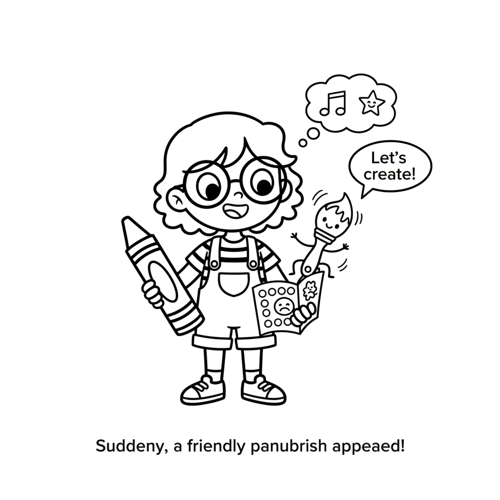 Suddenly, a tiny, friendly paintbrush with a happy, wiggling bristle appears from between the pages. It seems to invite Pip to play and create.