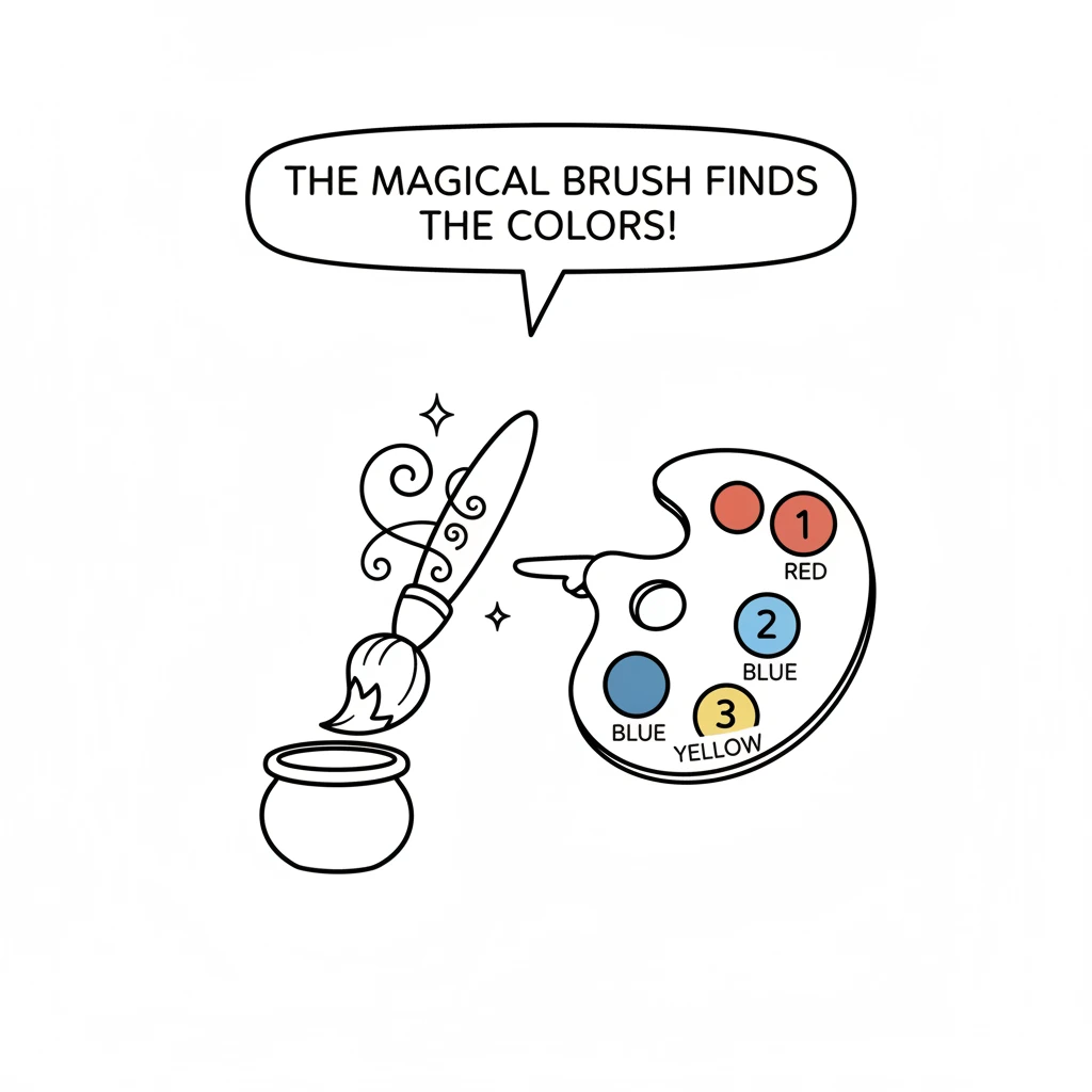 The magical paintbrush dips itself into an invisible pot and then points to a floating palette of pure, bright colors: red, blue, and yellow. Each col