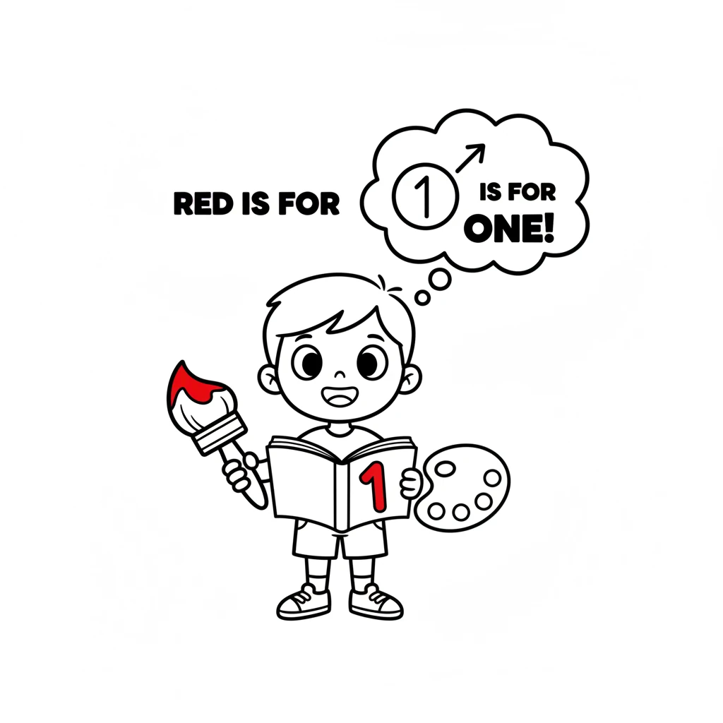 The paintbrush gently taps number '1' on the page, then dips into the vibrant red color. Pip's eyes widen as the secret is revealed: red is for number