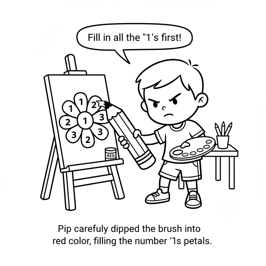 Pip carefully takes the paintbrush and dips it into the glowing red color. With a little concentration, Pip starts to fill in all the sections marked