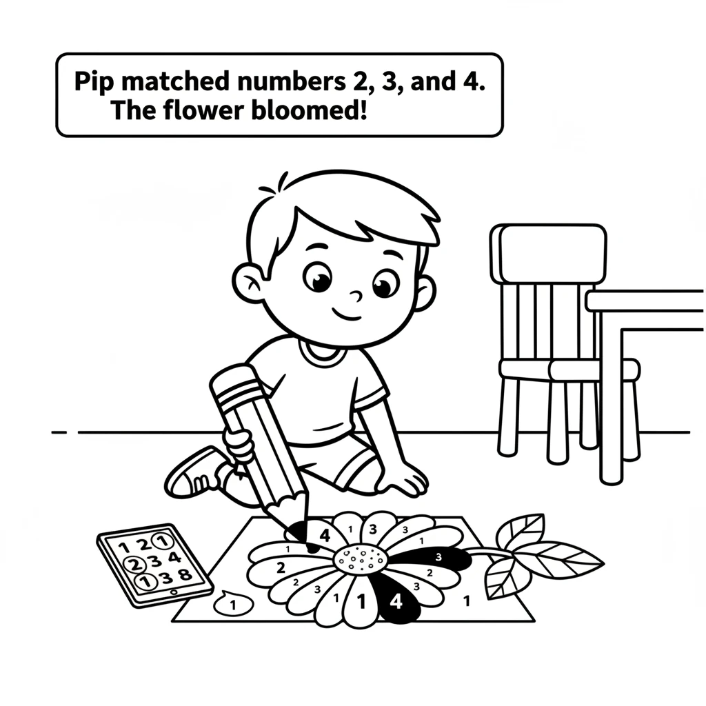 Pip continues, matching numbers 2, 3, and 4 to their corresponding colors, filling in more sections. The flower slowly transforms into a vibrant, beau