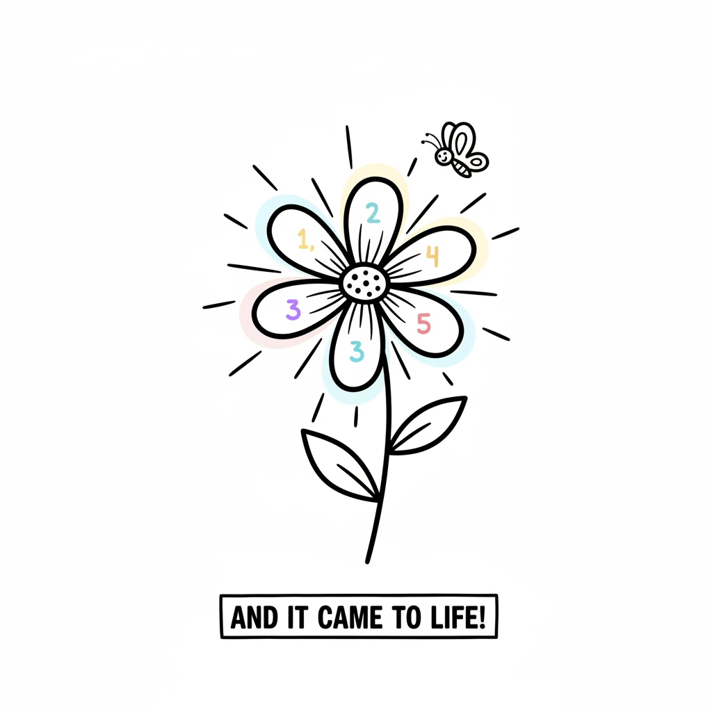 With the last number colored, the entire flower bursts with brilliant hues. A tiny, cheerful butterfly flutters around it, as if the picture has truly