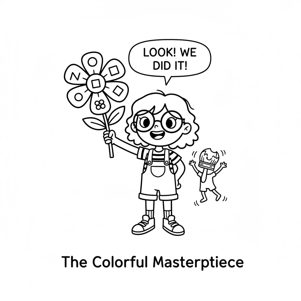 Pip smiles, holding up the now fully colored, cheerful flower. The little paintbrush gives a happy little bounce, proud of the colorful masterpiece th