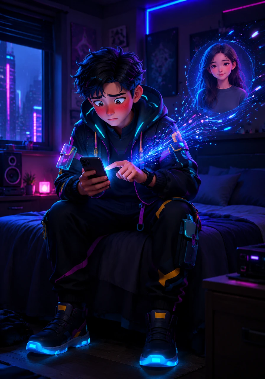 Leo sits on the edge of his bed in a dimly lit room, his thumb hovering over the blue send button with a mixture of fear and hope. He finally taps the screen, sending a long, heartfelt confession into the digital void, unaware of the journey it is about to take.