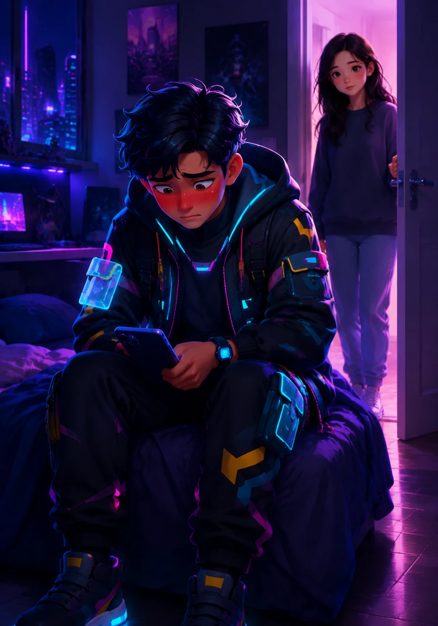 Leo drops his phone onto his lap, his face flushing a deep crimson as he reads the reply from the stranger. The crushing embarrassment of the mistake washes over him, making him want to hide under his covers forever.