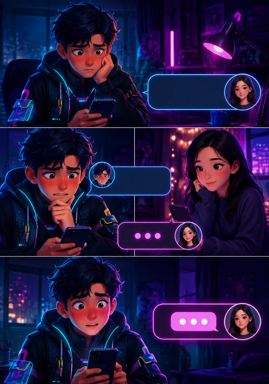 Leo stares at a blank text box for a long time before finally working up the courage to ask if they could meet in person. The anticipation is palpable as he waits for the typing bubbles to appear and finally turn into a hopeful yes.