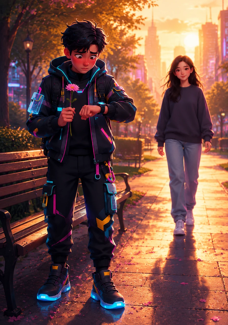 Under the golden light of a late afternoon sun, Leo stands by a park bench, clutching a single flower and nervously checking his watch. He sees a girl approaching with a familiar, shy smile that perfectly matches the spirit of the person he has grown to know through text.