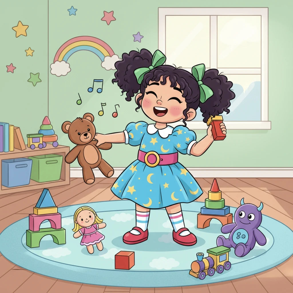 Айша ойыншық бөлмесінде түрлі-түсті ойыншықтарымен көңілді ойнап отыр. Оның айналасында жұмсақ аюлар, жарқын текшелер және кішкентай қуыршақтар шашылып жатыр. Айша қуанышты ән айтып, әр ойыншықтың өзіндік әлеміне еніп кеткендей көрінеді.