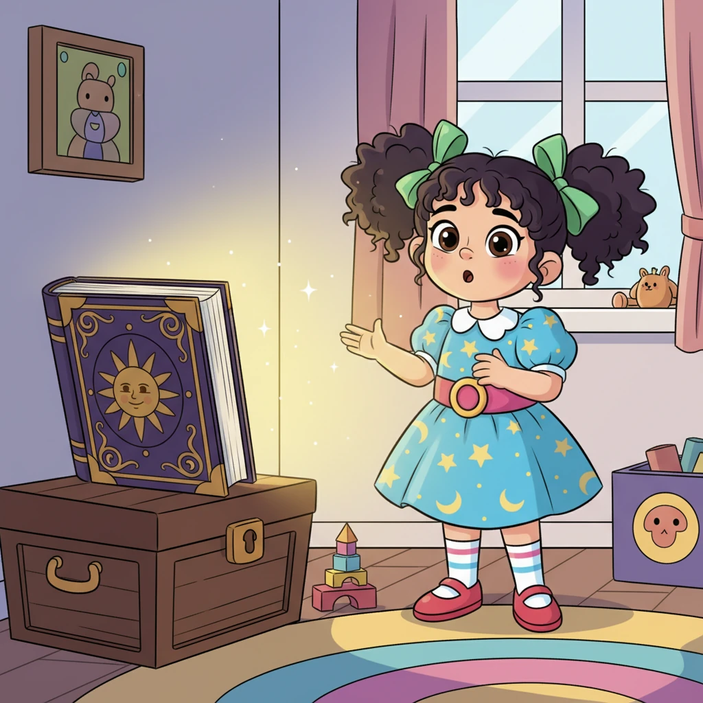 Кенеттен, бөлменің бұрышындағы үлкен, көне кітап сәуле шашып, жарқырай бастады. Оның мұқабасы алтын түстес өрнектермен безендірілген, ал бетінен жұмсақ, жылы жарық таралып тұр. Айша ойынын тоқтатып, таңырқап кітапқа қарады, оның көздері үлкейіп кетті.