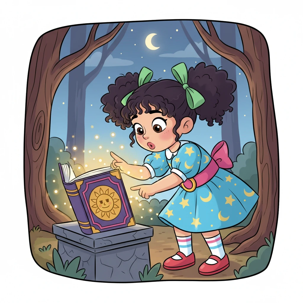 Кітаптан шыққан жұмбақ жарық Айшаның назарын толықтай аударды. Ол ақырын кітапқа жақындап, кішкентай саусақтарымен оның мұқабасына тиді. Сәл қорқынышпен, бірақ үлкен қызығушылықпен Айша: — Сен кімсің? — деп сыбырлады. Кітаптың айналасындағы ауа жылынып, сиқырлы атмосфера орнады.