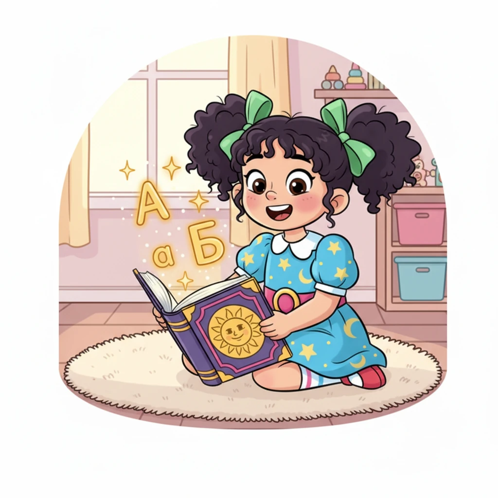 Кітап әріптерді біртіндеп көрсетіп, олардың атауларын айта бастады. — Бұл — А, бұл — Б, — деп әр әріптің үстінде жарқыраған жұлдызша пайда болды. Айша мұқият тыңдап, әр әріпті танып, оларды есте сақтауға тырысты, оның бетіндегі күлкі еш кетпеді.