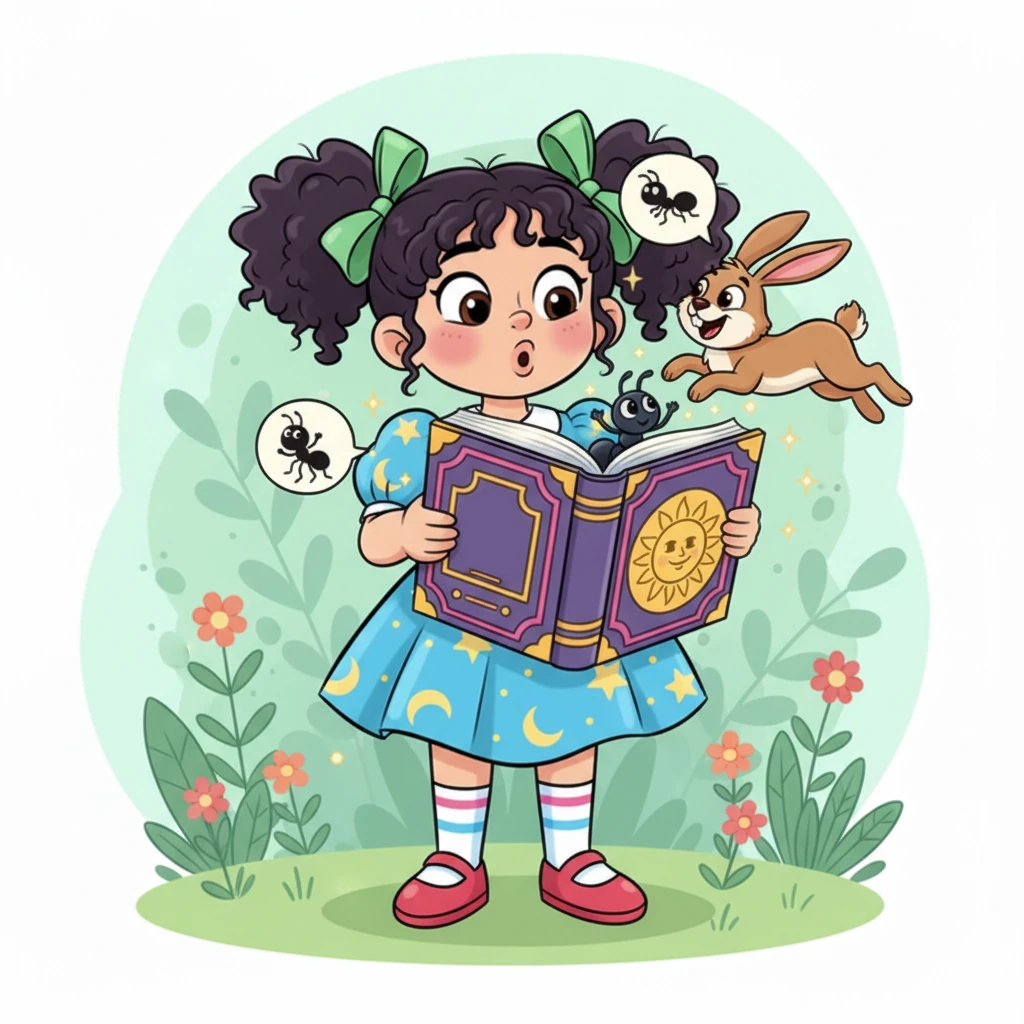 Сандарды үйренген соң, кітаптан түрлі жануарлардың суреттері шықты. Кітап: — Бұл — кішкентай құмырсқа, ал мынау — жүгіргіш қоян! — деп көрсетті. Құмырсқа мен қоян Айшаға жымиып тұрғандай көрінді, ал Айша олардың аттарын қайталады.