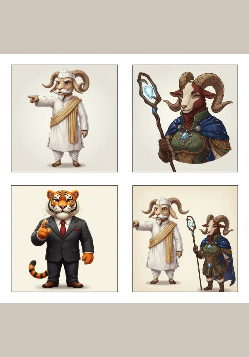 The work moved to the artist’s studio, where Bakor’s friends, Waghjibhai Vakil the Tiger and Untadiya Doctor the Camel, dropped by to inspect the progress. They crossed their arms and frowned, insisting that a man of Bakor’s importance needed much broader shoulders and a taller head.