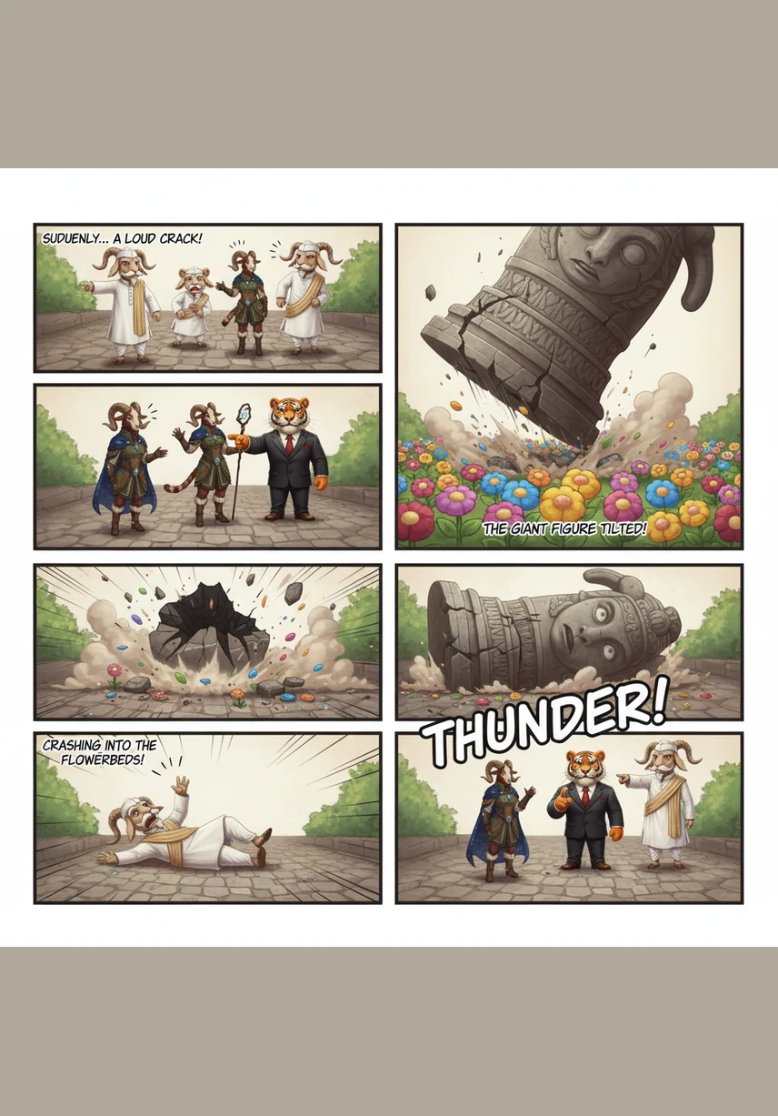Suddenly, a loud crack echoed through the garden as the stone base buckled under the statue's immense weight. The giant figure tilted forward at a dangerous angle, crashing into the flowerbeds with a thunderous boom that shook the very ground.
