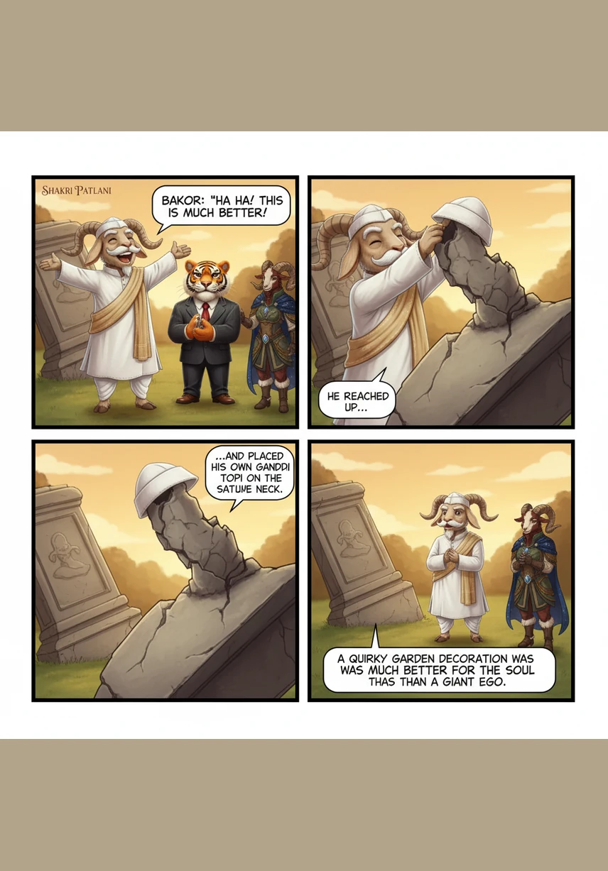 Instead of being upset, Bakor laughed and walked over to the tilted, broken remains of his grand monument. He reached up and placed his own Gandhi topi on the statue’s jagged neck, deciding that a quirky garden decoration was much better for the soul than a giant ego.