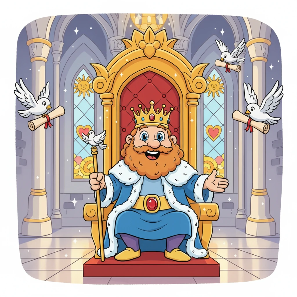 The grand King Reginald, with a magnificent crown perched on his head, sat on his throne in a sparkling castle hall. He decided it was time to check on everyone's accounts, making sure everything was fair and square. Little bird messengers zipped through the air, carrying scrolls to all the kingdom's servants.