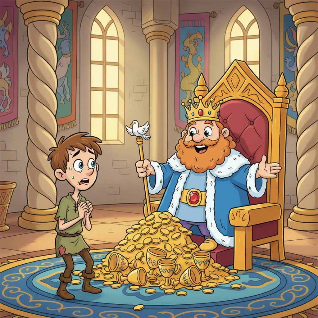 Soon, a nervous servant named Barnaby was brought before the King, his eyes wide with worry. Barnaby owed a truly enormous amount of shiny gold talents, more than he could ever count! He trembled, knowing he had no way to pay back such a colossal debt.