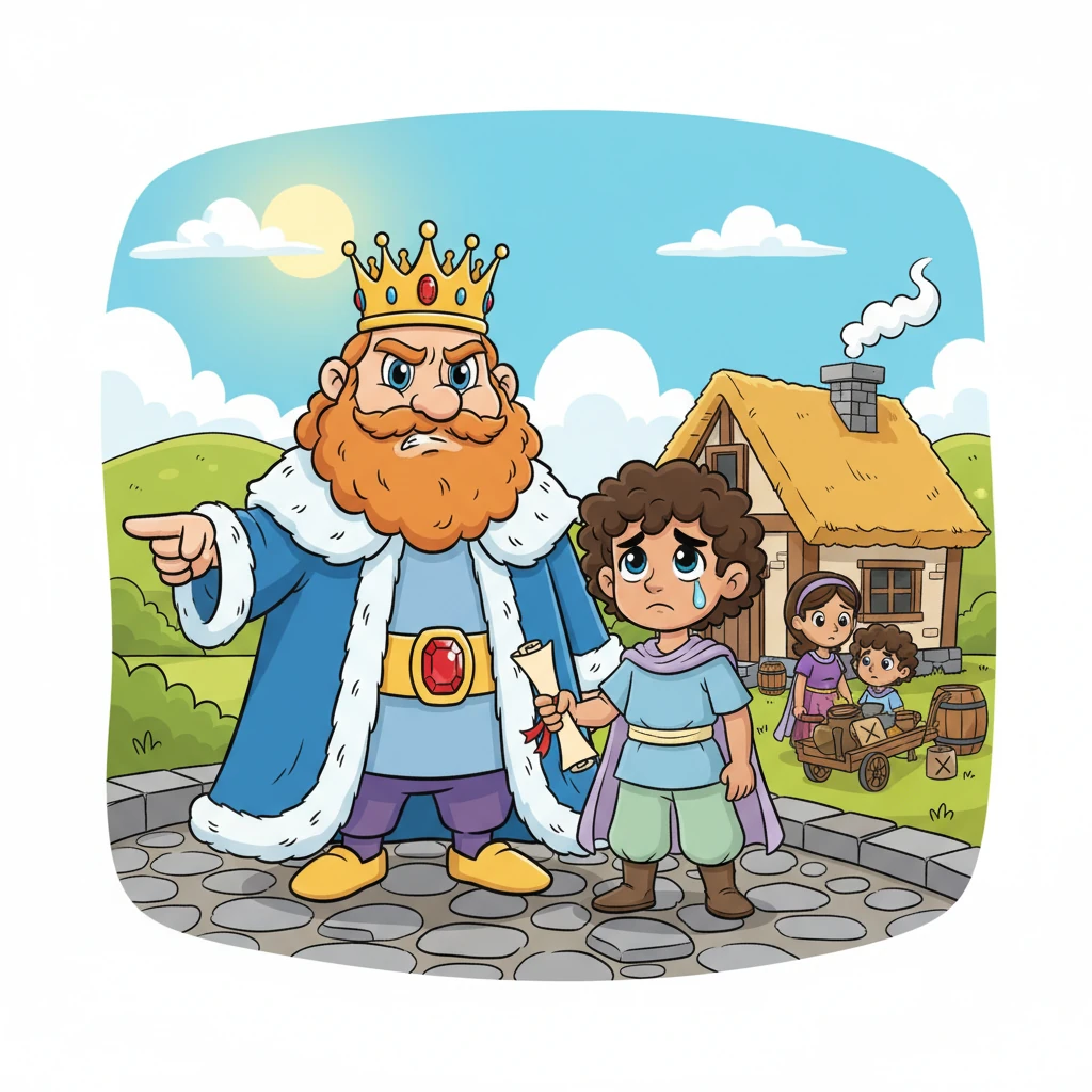 King Reginald, looking stern, declared that Barnaby and his whole family would have to work to pay off the debt, and all their possessions would be sold. Barnaby’s heart sank, a huge tear rolling down his cheek. He felt utterly hopeless, imagining his cozy home gone.