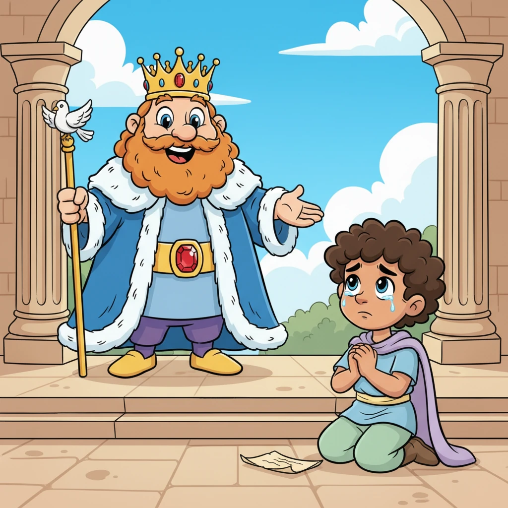 Barnaby fell to his knees, pleading with the King, his hands clasped together in a desperate prayer. "Oh, kind King," he cried, "please be patient with me! I promise, I will pay back every single talent!" His voice was full of genuine sorrow and a plea for a second chance.