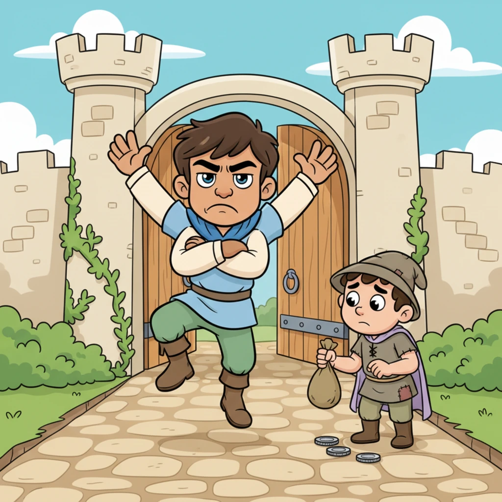 Filled with a spring in his step, Barnaby bounced out of the castle, feeling lighter than air. But then, he spotted poor Pip, a fellow servant, who owed Barnaby a small handful of silver coins. Barnaby's happy smile suddenly twisted into a stern frown.