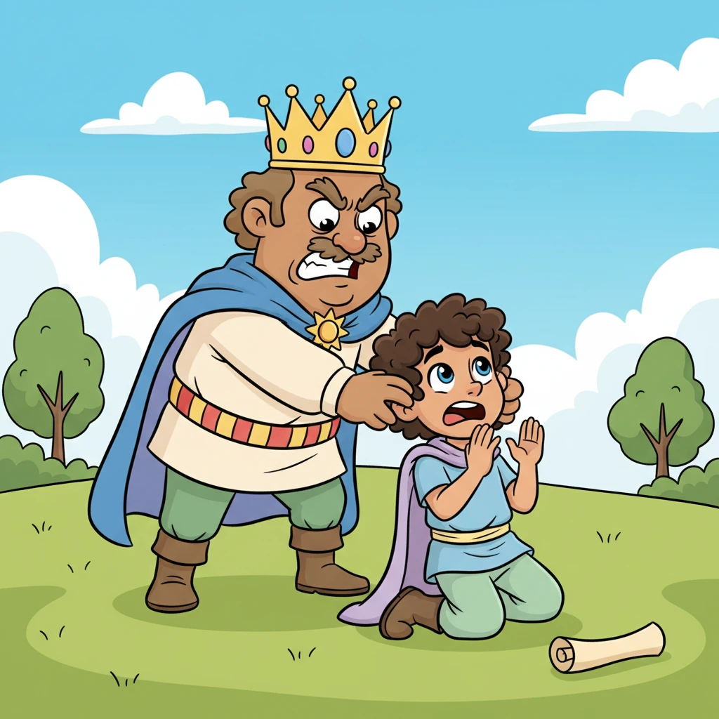 Barnaby marched right up to Pip, grabbing him by the collar with an exaggerated, angry scowl. "Pay me what you owe, right now!" he demanded loudly. Pip, startled and scared, fell to his knees, just as Barnaby had done earlier, begging, "Please, Barnaby, have patience! I'll pay you soon!"