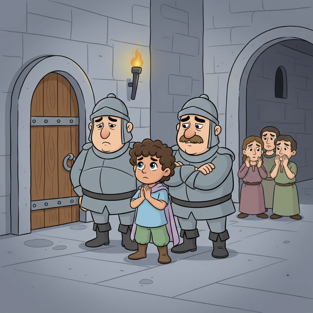 But Barnaby's heart had hardened, and he wouldn't listen to Pip's pleas. He called for the guards, who sadly led Pip away to a small, dark cell until he could pay. The other servants watched with heavy hearts, whispering about Barnaby's unkindness.