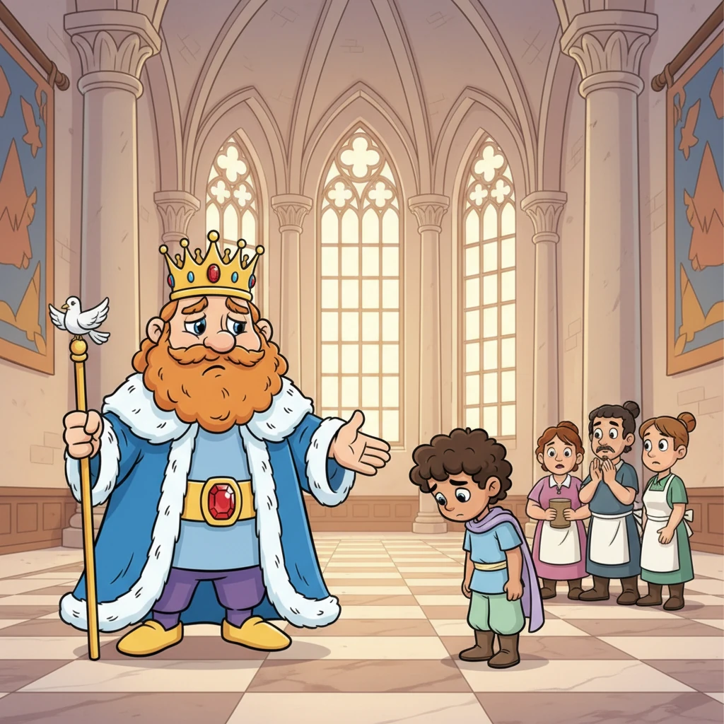 Word quickly reached King Reginald, carried by the sad whispers of the other servants. The King, his face clouded with disappointment, summoned Barnaby back to the grand hall. "Barnaby," he said, his voice deep and serious, "I forgave your enormous debt out of kindness."