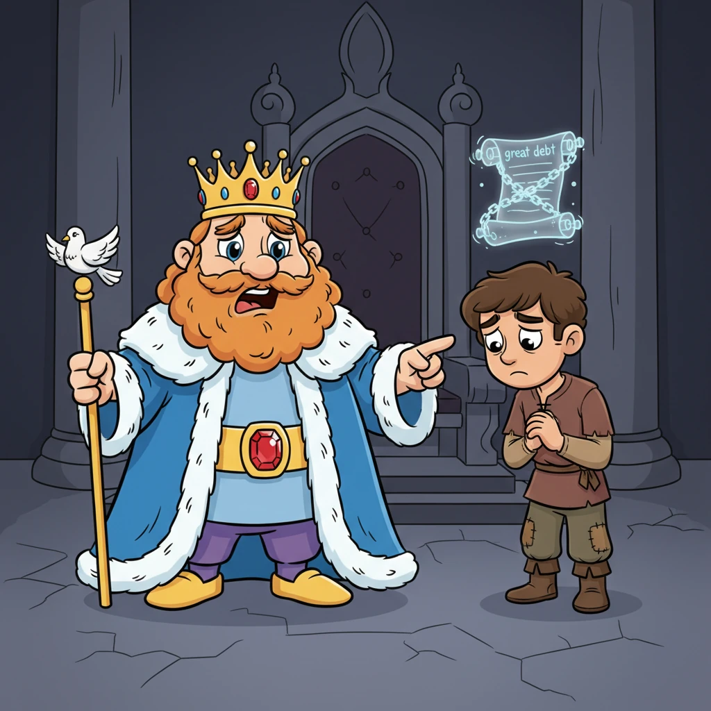 "Shouldn't you have shown that same kindness to your fellow servant, Pip?" the King asked, his voice now filled with sorrowful anger. Because Barnaby had not shown compassion, the King sadly declared that Barnaby's own great debt was now back, and he would have to face the consequences until it was fully paid.
