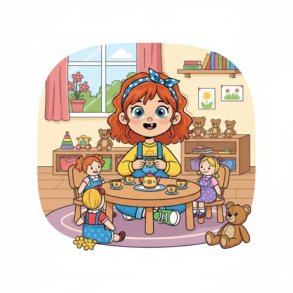 At four, Emmy's hair grew longer, now reaching her shoulders. Her blue eyes sparkled with happiness, reflecting the vibrant world around her. She loved playing with dolls and tea sets, her imagination soaring as she created her own magical world.