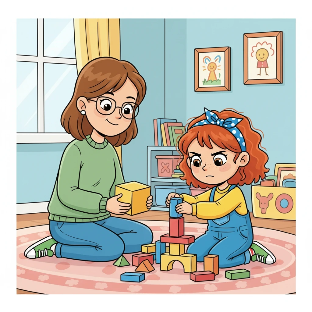 Emmy and her mom were sitting on the floor together, playing with a collection of colorful blocks. Emmy, with her unique way of seeing the world, carefully arranged the blocks to build a castle, her brow furrowed in concentration.