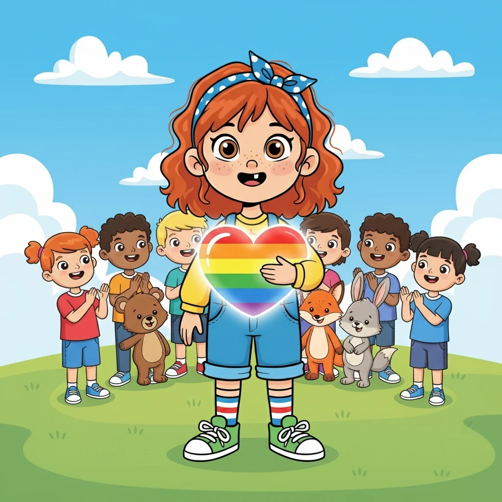 Emmy, now a little girl with a confident smile, stood tall. She knew that being different was a superpower, and she was proud of her rainbow heart. Emmy knew she was loved and accepted for exactly who she was.