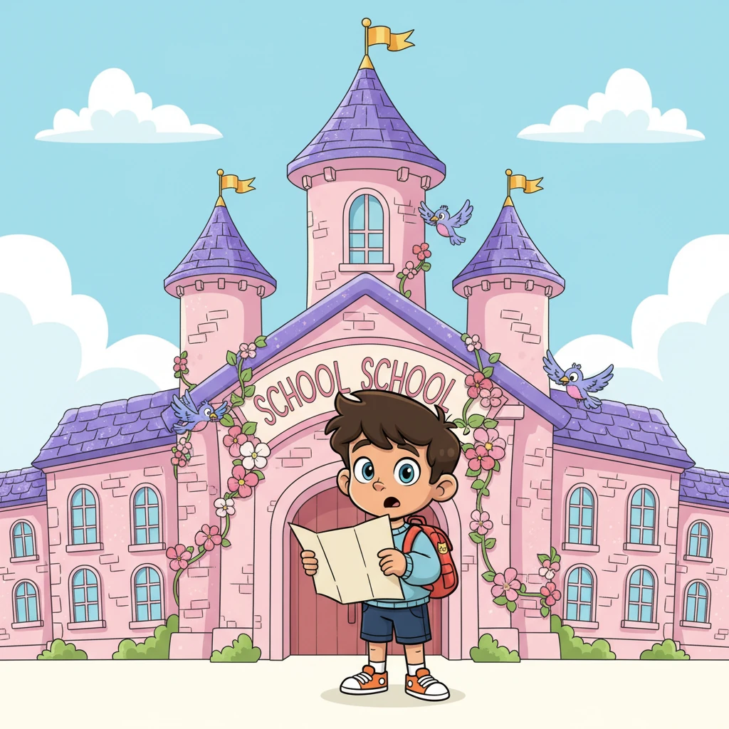 A wide-eyed boy named Guilherme, with a bright red backpack and a big smile, stands before a towering, pastel-pink school building adorned with glittery turrets and blooming flowers. He clutches a school map, looking very confused as a sign above the grand entrance clearly reads "Princess Petunia's Academy for Young Ladies." Cartoon birds flutter around his head, adding to his bewilderment.