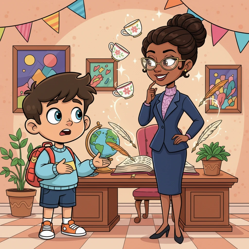 Inside the principal's office, Guilherme faces a tall, elegant Principal with shimmering spectacles and a knowing smile. Her office is filled with whimsical objects like floating teacups and self-writing quills. She taps her chin thoughtfully, a mischievous twinkle in her eye, as Guilherme tries to explain his presence in the girls' school.