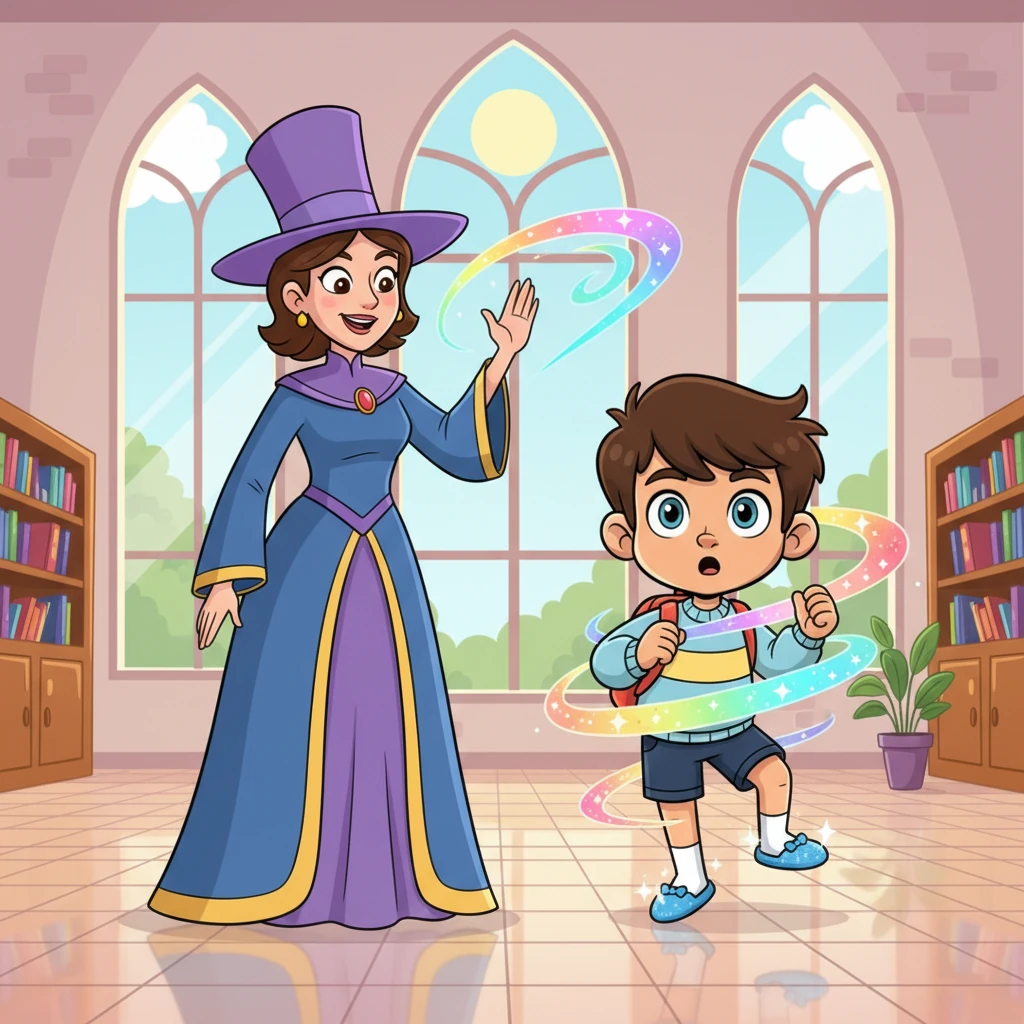 With a gentle wave of her hand, the Principal casts a soft, sparkling spell. A swirl of rainbow colors envelops Guilherme, making his clothes shimmer and his form begin to shift. His eyes widen in surprise as his spiky hair softens and lengthens, and his sturdy shoes transform into delicate slippers.