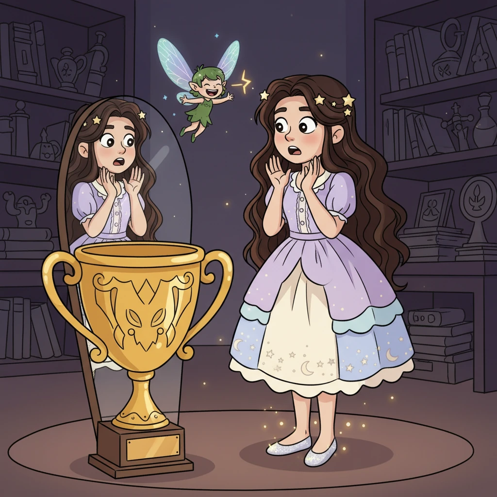 The magical glow fades, revealing a completely transformed Liana, now a graceful girl with flowing hair, a charming dress, and sparkling new shoes. She looks down at her hands, then at her reflection in a nearby polished trophy, a mix of shock and wonder on her expressive face. A tiny, friendly pixie hovers nearby, giggling.