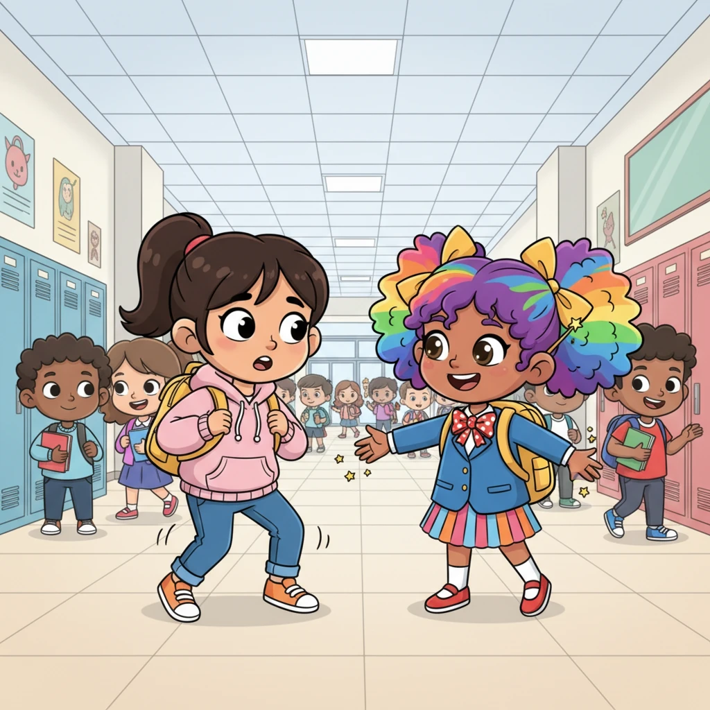 Liana tries to navigate the bustling school hallway, feeling a bit wobbly in her new body, almost tripping over her own feet. Suddenly, a cheerful girl with wild, colorful hair and a wand tucked behind her ear, Sofia the magician, appears beside her with a friendly grin. Sofia offers a helping hand, her eyes sparkling with magic.