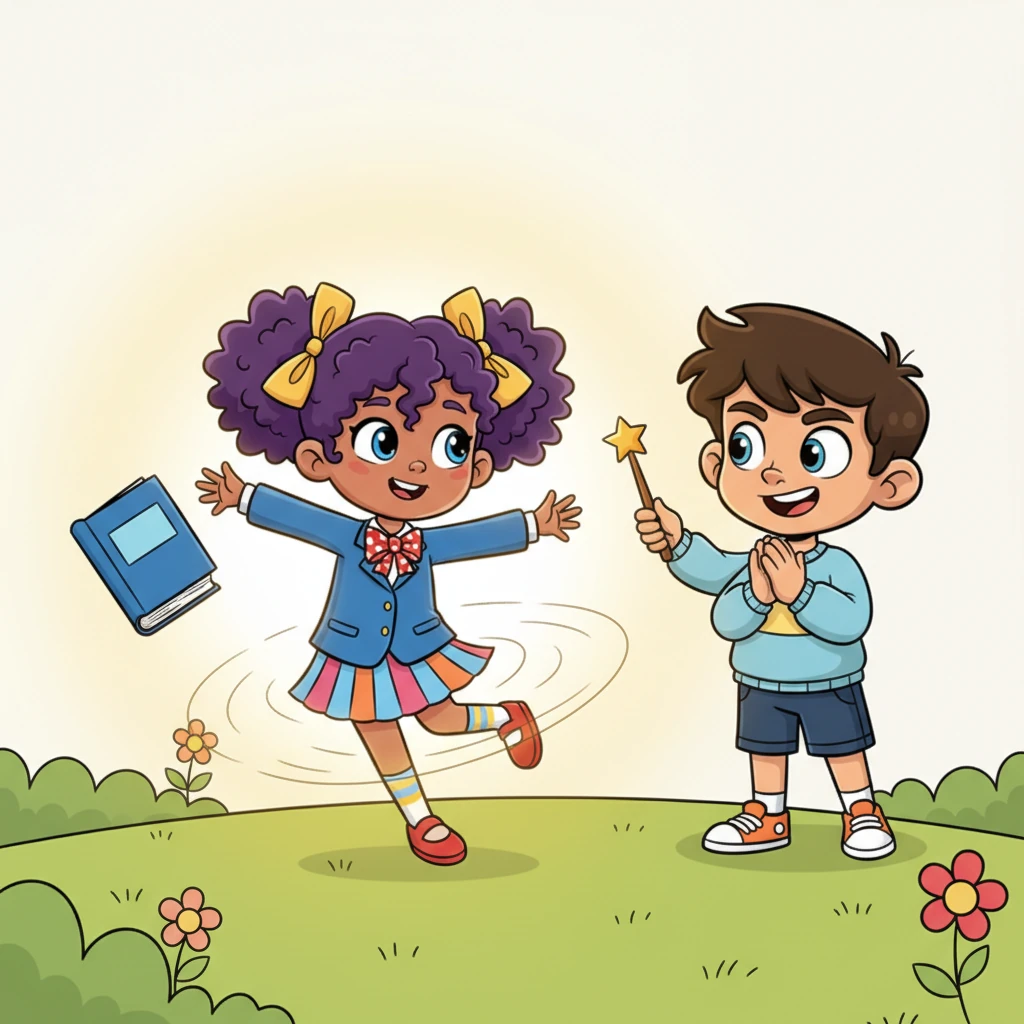 Sofia gently taps Liana with her wand, and a soft, golden aura surrounds Liana's body. Instantly, Liana's movements become fluid and graceful; she twirls effortlessly, picks up a dropped book with a flourish, and even performs a small, elegant curtsy without thinking. Sofia claps her hands in delight, proud of her quick spell.