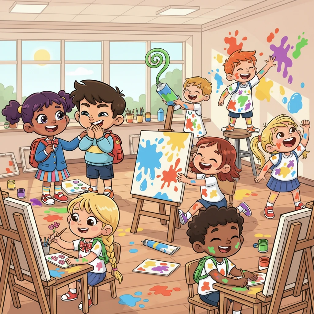 Liana and Sofia share a giggle as they observe their classmates during a lively art class. While some girls paint delicate flowers, others are boisterously splashing paint, laughing loudly, and even playfully wrestling over a paint tube. Liana notices how unusually energetic and rambunctious many of the "girls" seem, with unladylike shouts echoing through the room.