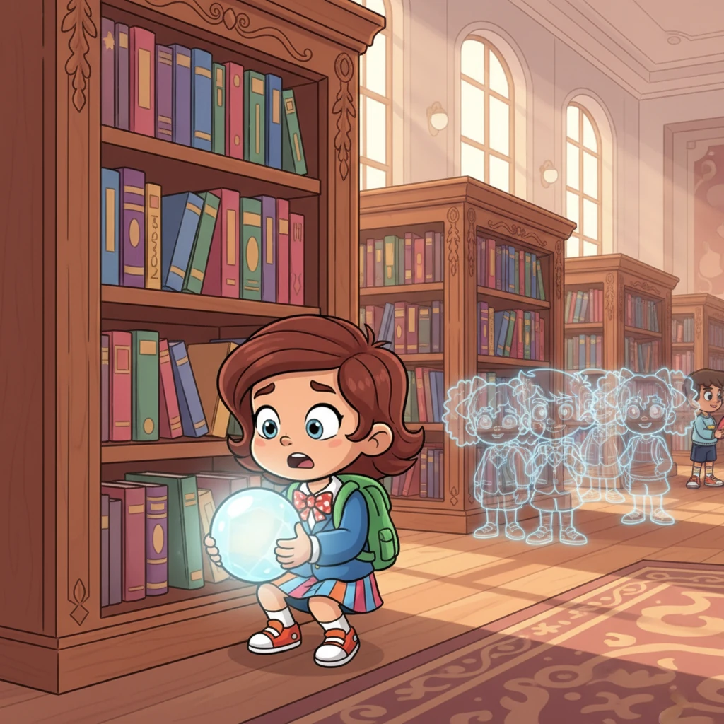 Later, in the library, Sofia secretly uses her magic, holding a glowing crystal ball that reveals faint, shimmering outlines of boys beneath the "girls'" appearances. Her eyes widen in disbelief, then narrow in a mix of shock and mischievous understanding as she realizes the true nature of every student around them.