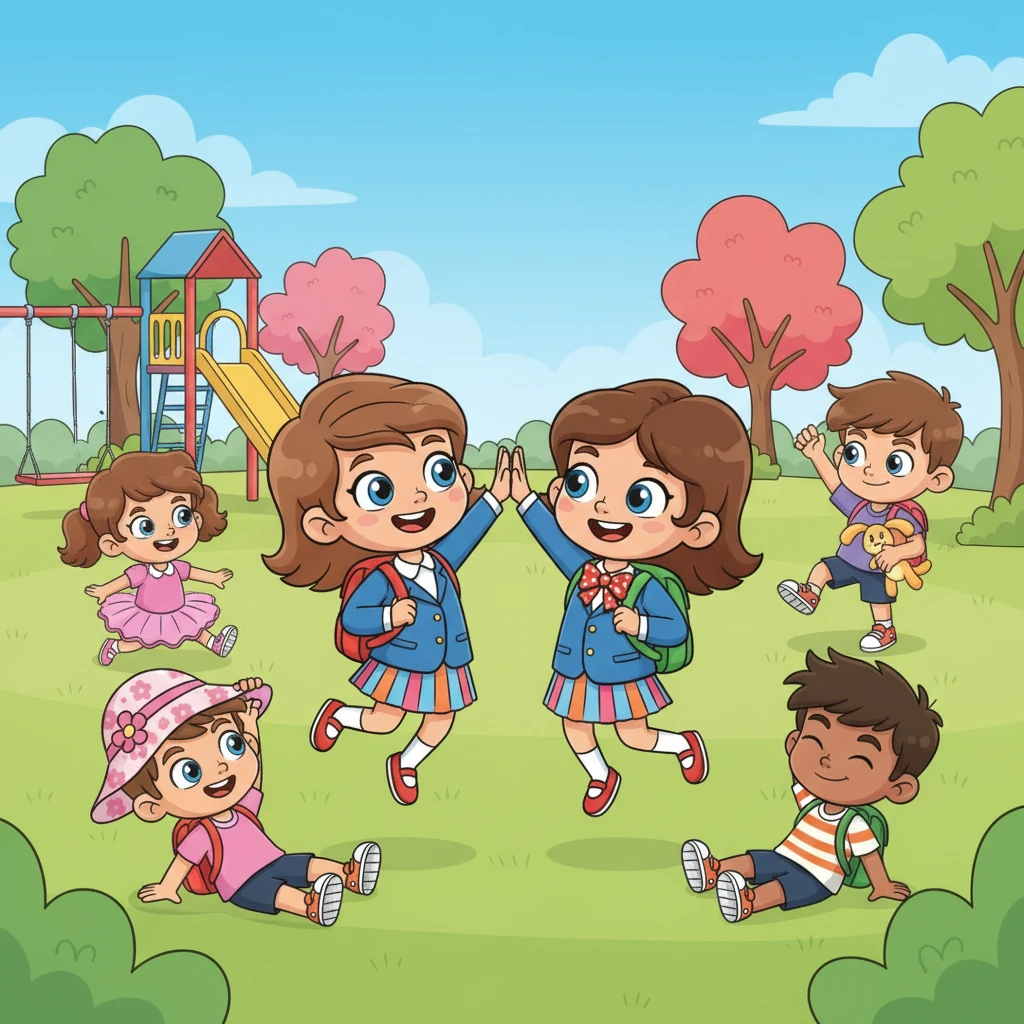 Liana and Sofia now stand side-by-side, sharing a knowing smile and a secret high-five. They are surrounded by their "girl" classmates, who are still unknowingly boys, engaging in playful, slightly clumsy activities. The two friends understand the school's magical secret and are ready for all the fun and surprises it holds, their hearts filled with new friendship and adventure.