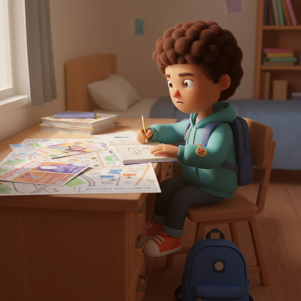 Later that summer, Jake's room became a fortress of worry. High school flyers, course catalogs, and a map of the sprawling Westview High campus lay scattered across his desk. He sat hunched over, sketching in his notebook, but his mind was clearly elsewhere, lost in a maze of hypothetical lockers and intimidating seniors.