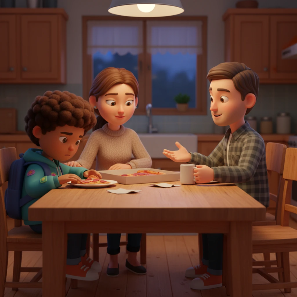 One evening, Jake sat at the kitchen table with his parents, a half-eaten pizza slice forgotten on his plate. His mom gently squeezed his shoulder, offering words of encouragement about new beginnings and making friends. His dad, always practical, reassured him that everyone feels nervous on their first day, reminding him of his own high school adventures.