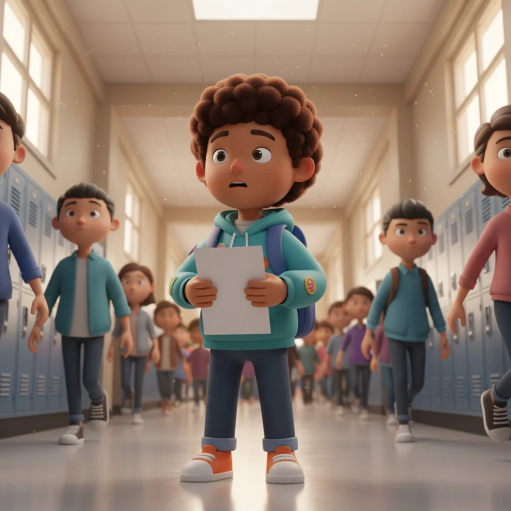 Inside, the hallways were a dizzying blur of new faces and echoing lockers. Jake clutched his schedule, his eyes darting from one hallway sign to another, feeling dwarfed by the sheer scale of the building. He tried to navigate the sea of older students, a small fish in a very big, fast-moving pond.